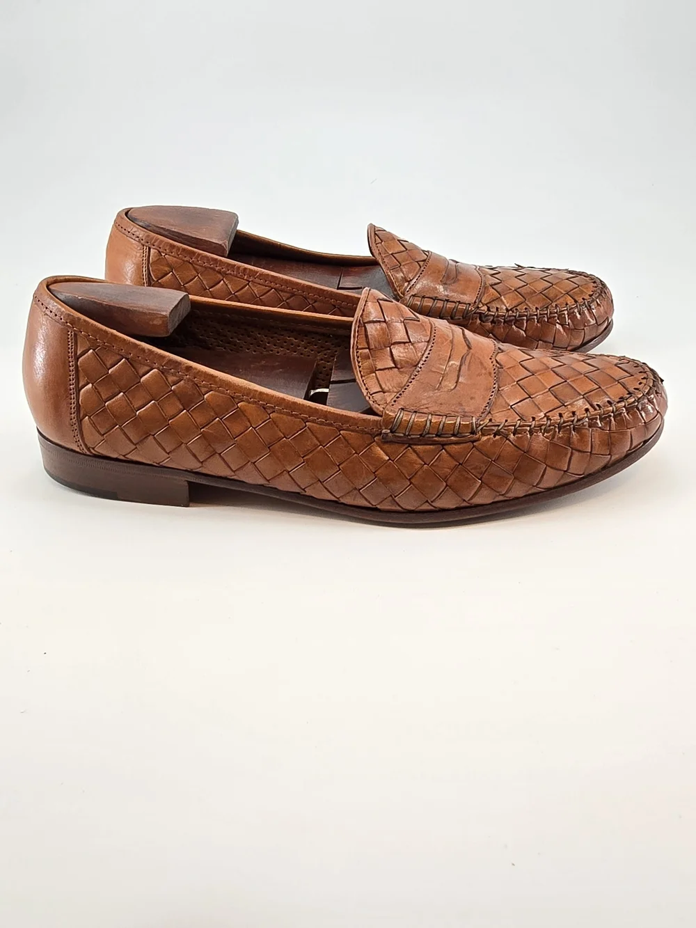 Allen Edmonds Woven Leather Penny Loafers in Cognac Brown